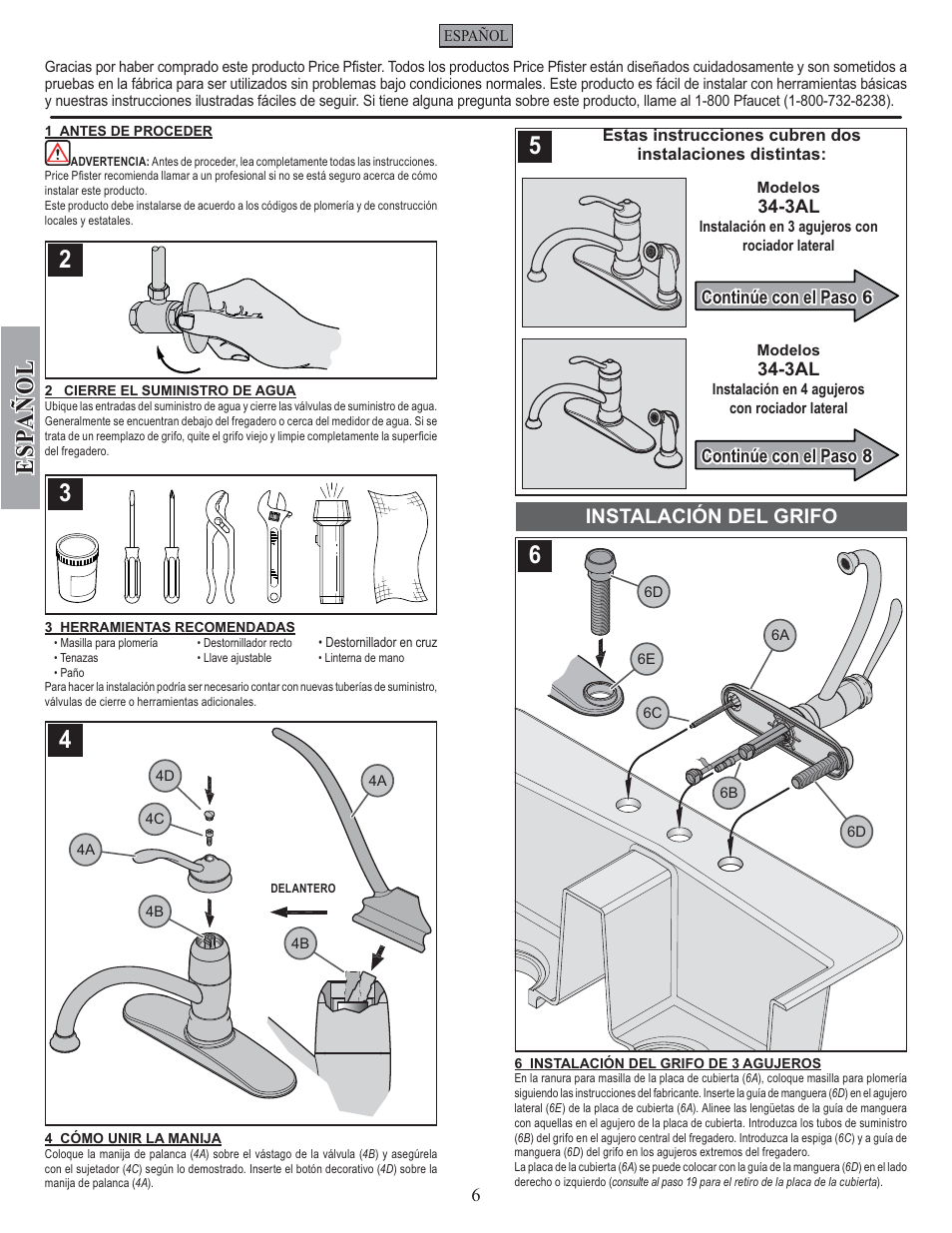 Esp a ñ ol, Instalación del grifo | Pfister F-034-4ALS User Manual | Page 6 / 14