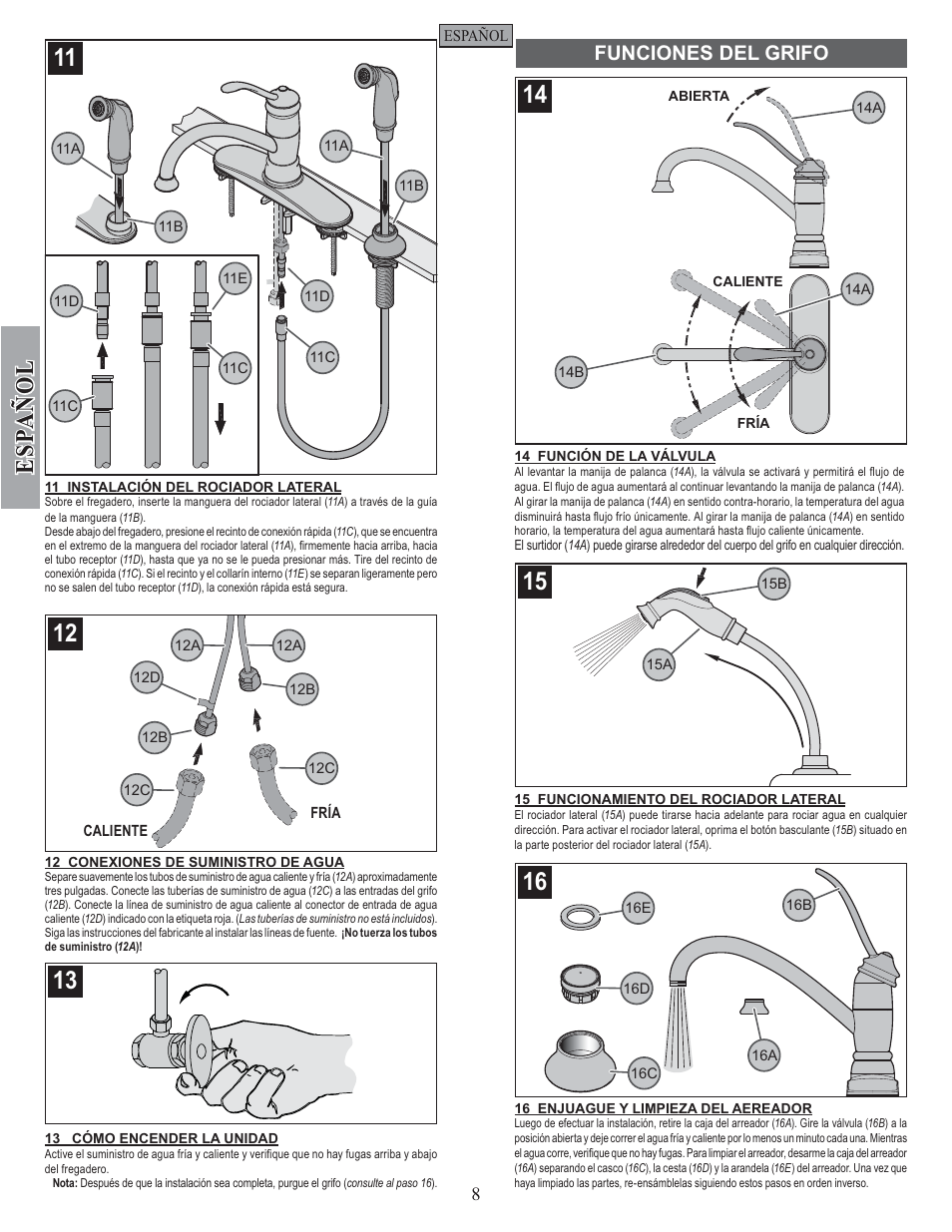 Esp a ñ ol, Funciones del grifo | Pfister F-034-4ALS User Manual | Page 8 / 14