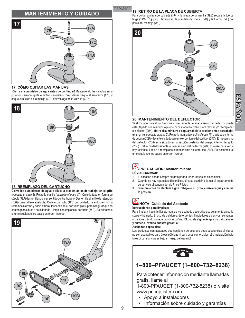 Esp a ñ ol, Mantenimiento y cuidado | Pfister F-034-4ALS User Manual | Page 9 / 14