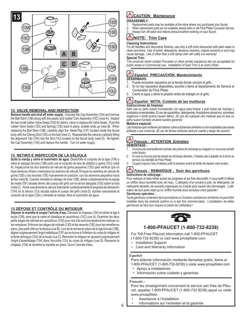 A b c d | Pfister G142-800K User Manual | Page 6 / 6