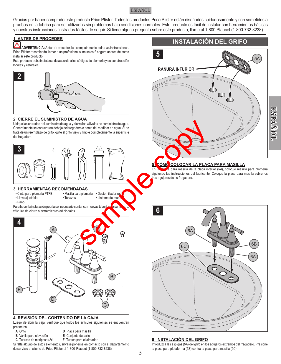 Sample copy, Esp a ñ ol | Factory Direct Hardware Pfister GT48-GL0 User Manual | Page 5 / 12