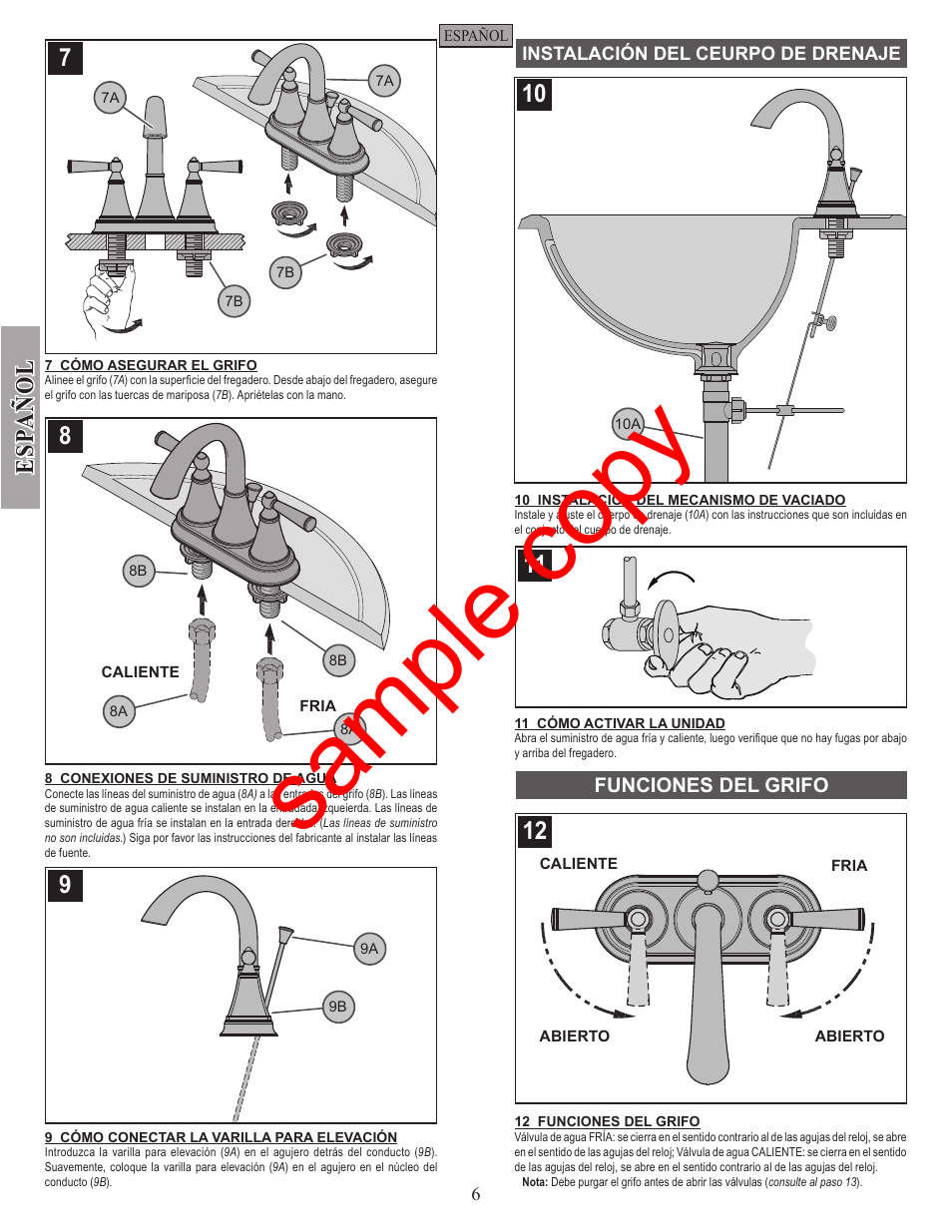 Sample copy, Esp a ñ ol | Factory Direct Hardware Pfister GT48-GL0 User Manual | Page 6 / 12