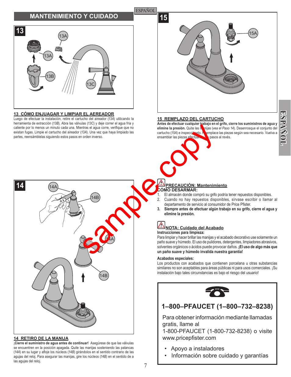 Sample copy, Esp a ñ ol | Factory Direct Hardware Pfister GT48-GL0 User Manual | Page 7 / 12
