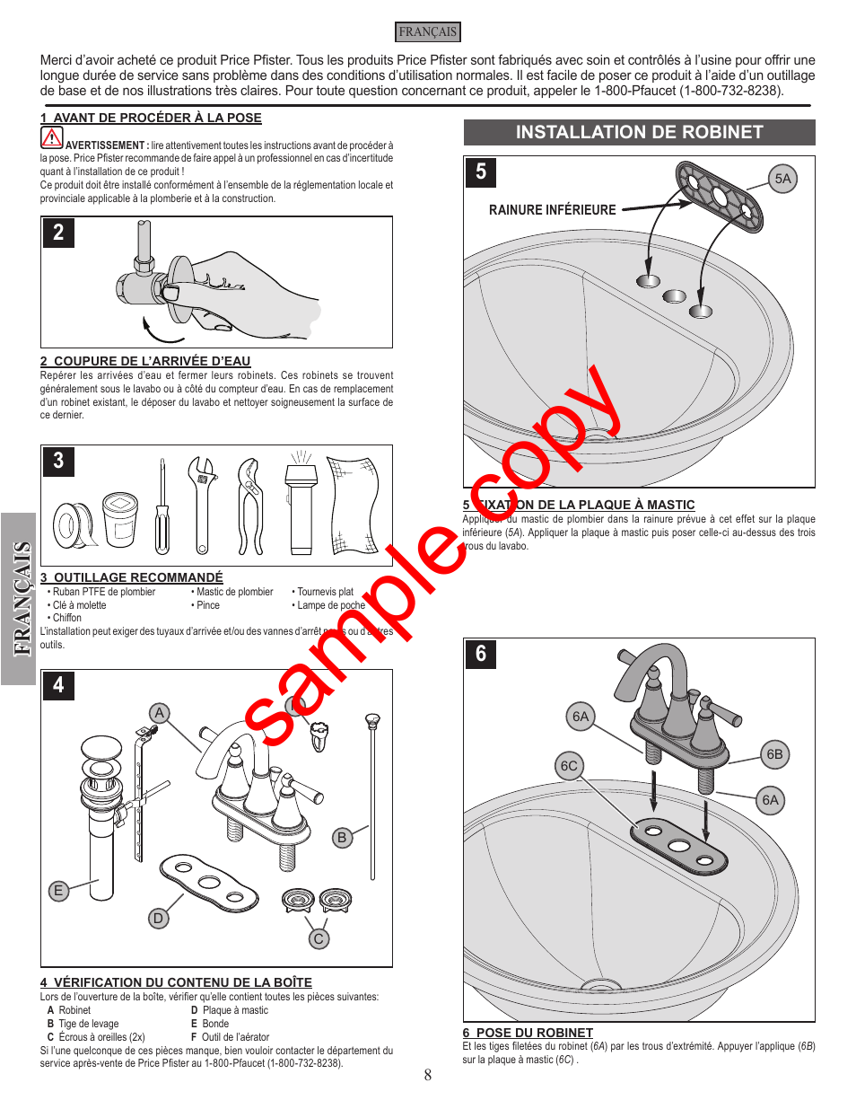 Sample copy, Fran ç ais | Factory Direct Hardware Pfister GT48-GL0 User Manual | Page 8 / 12