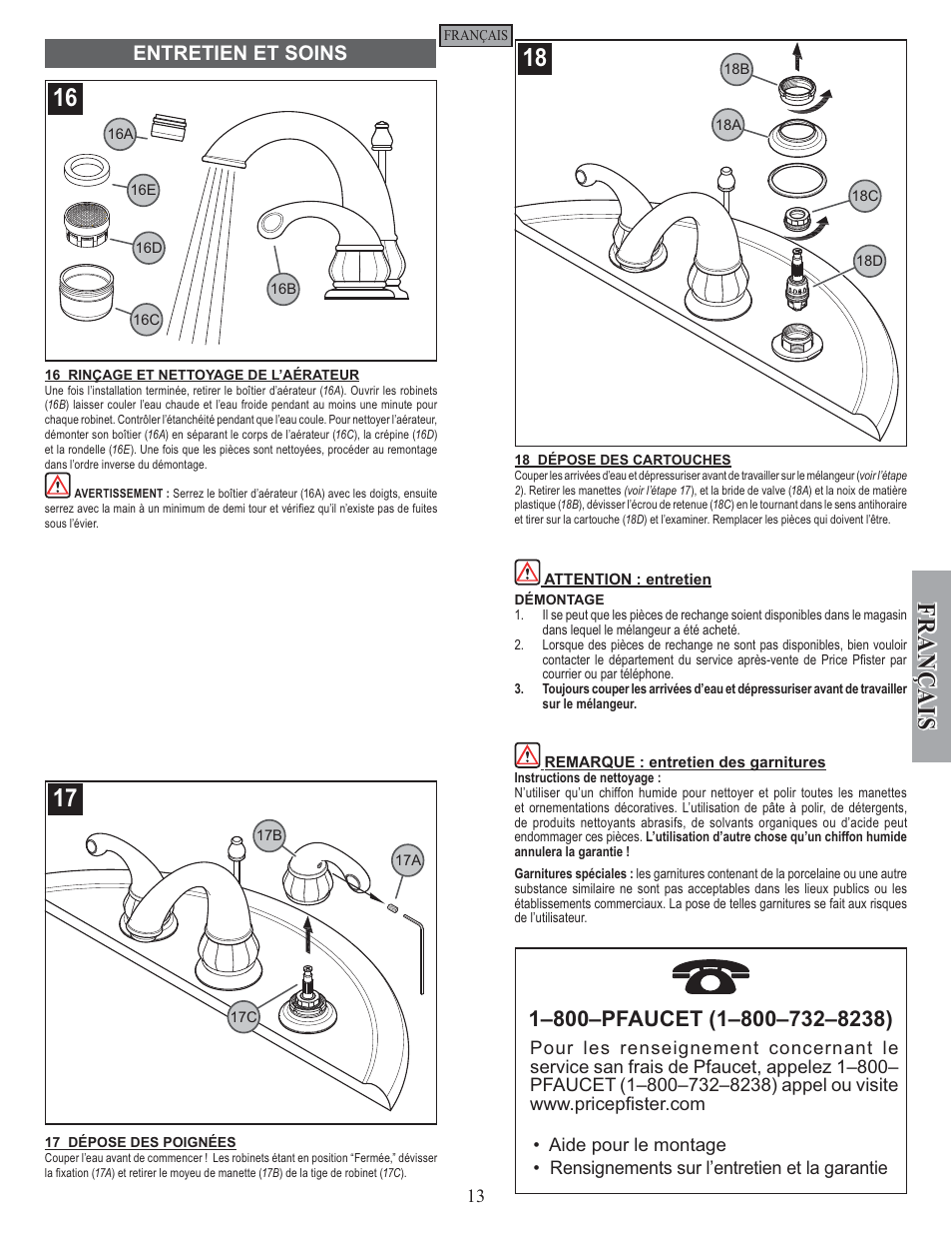 Fran ç ais, Entretien et soins | Pfister GT49-DC00 User Manual | Page 13 / 14