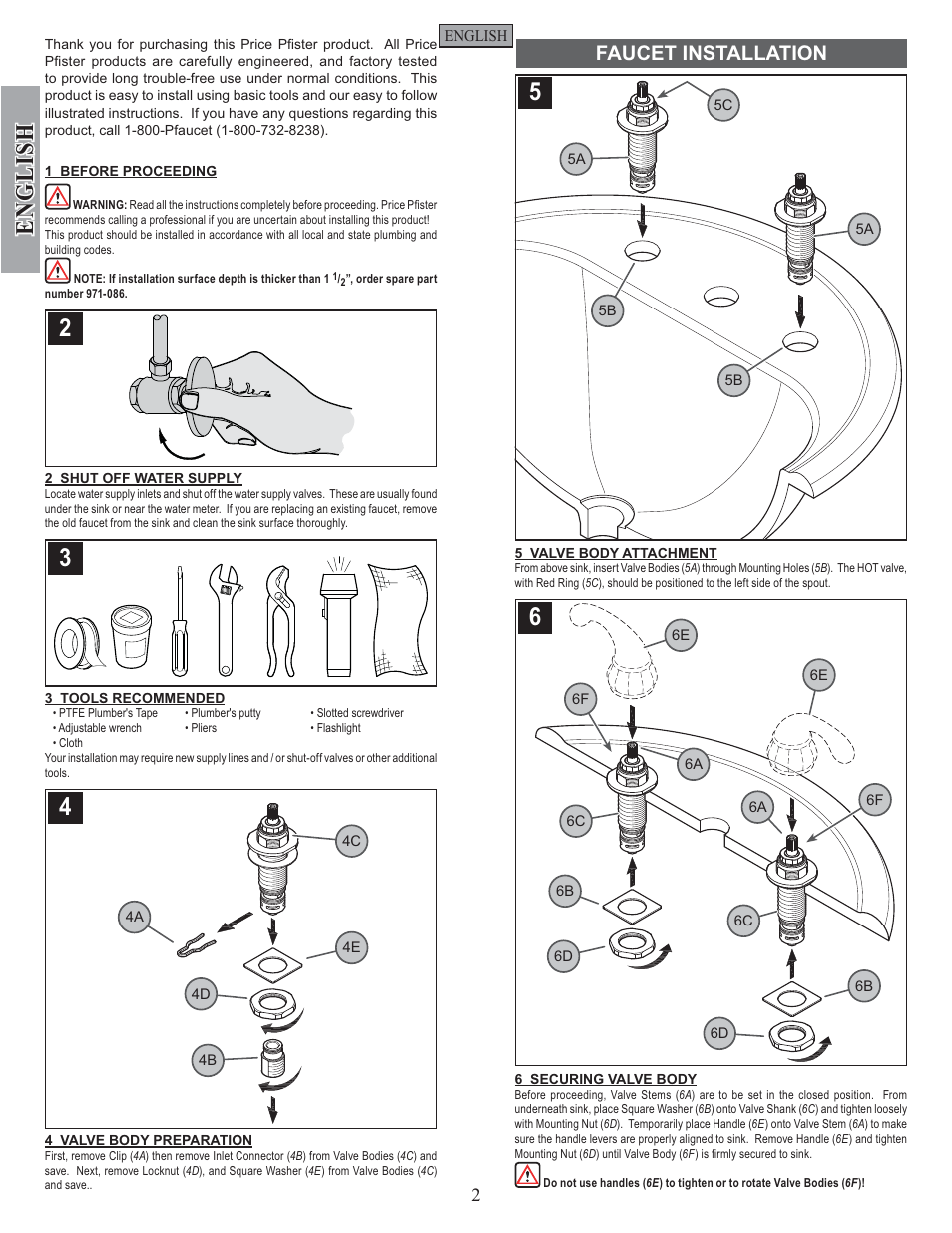 English, Faucet installation | Pfister GT49-DC00 User Manual | Page 2 / 14