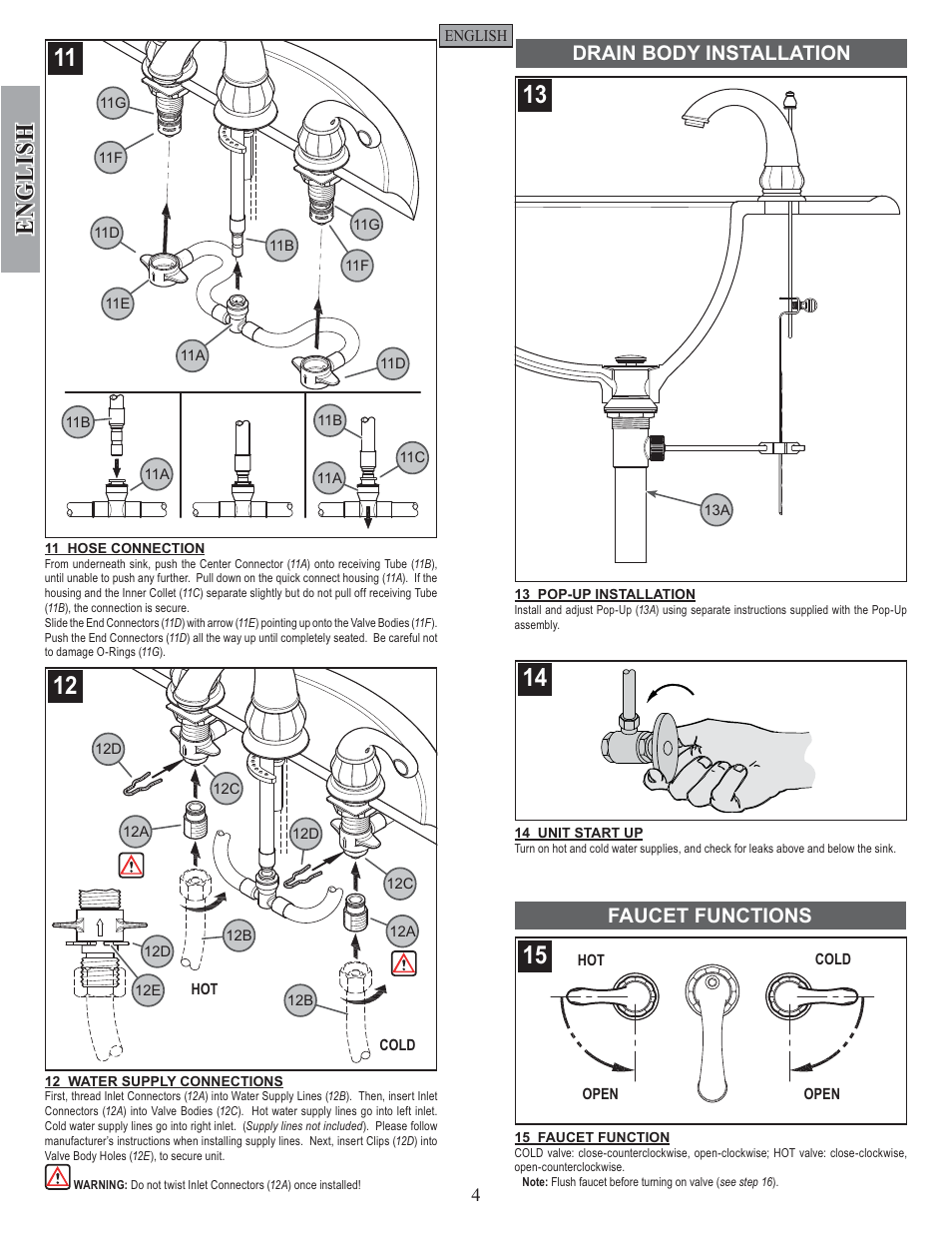 English, Drain body installation faucet functions | Pfister GT49-DC00 User Manual | Page 4 / 14