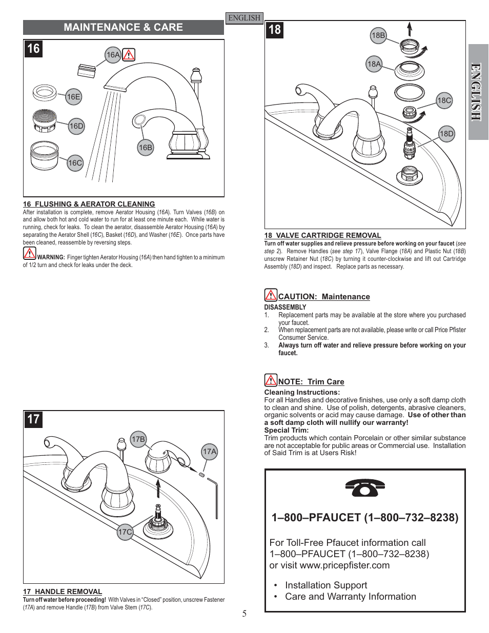 English, Maintenance & care | Pfister GT49-DC00 User Manual | Page 5 / 14