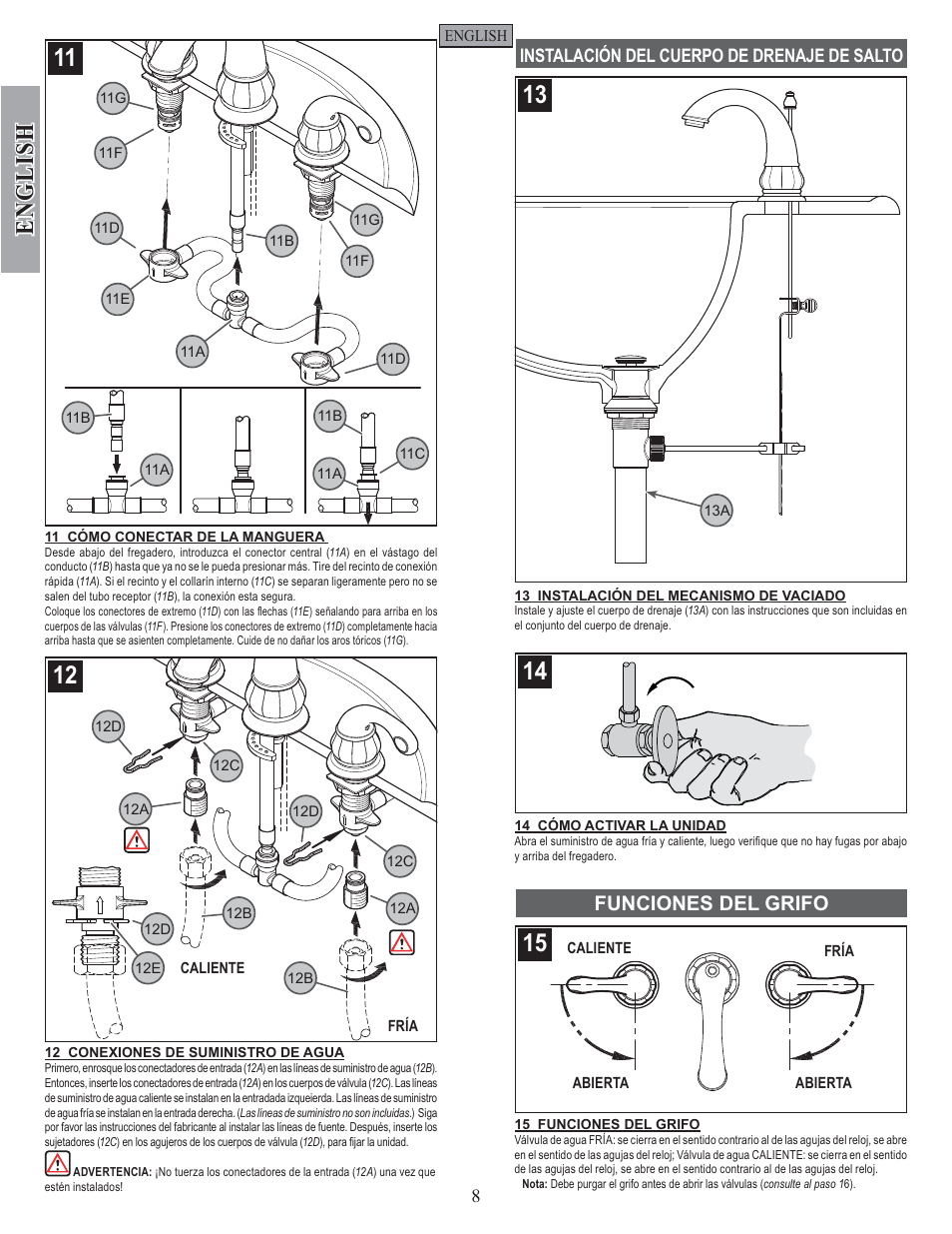 English, Funciones del grifo | Pfister GT49-DC00 User Manual | Page 8 / 14