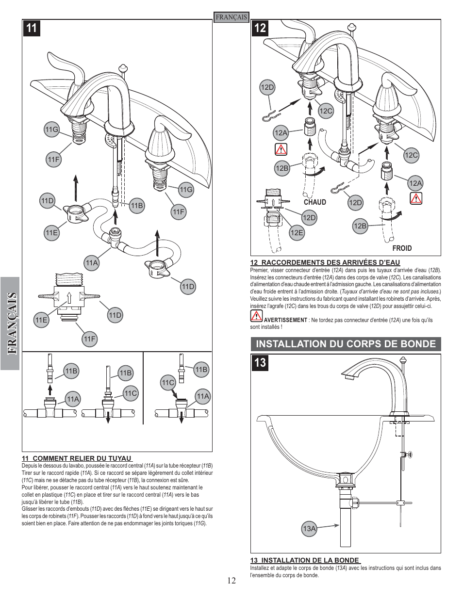 Fran ç ais, Installation du corps de bonde | Pfister F-049-ST0K User Manual | Page 12 / 14