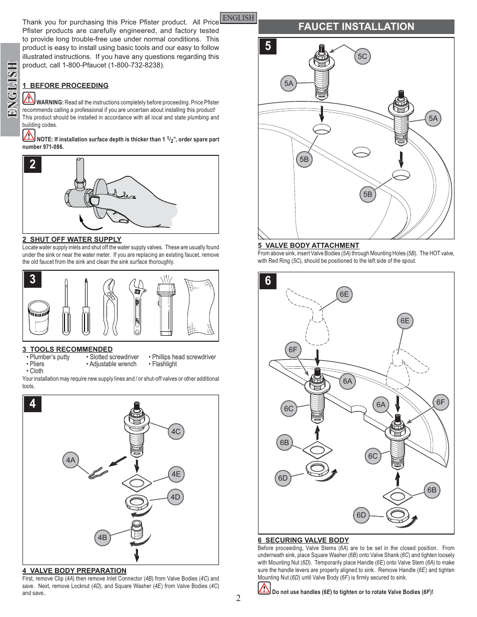 English, Faucet installation | Pfister F-049-ST0K User Manual | Page 2 / 14