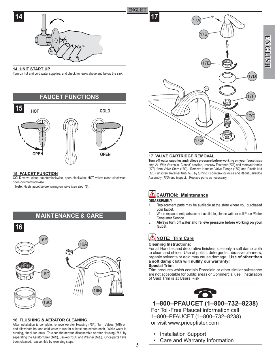 English, Faucet functions maintenance & care | Pfister F-049-ST0K User Manual | Page 5 / 14