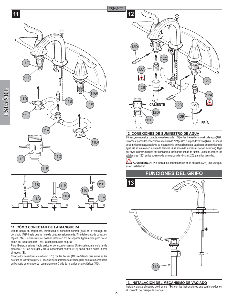 Esp a ñ ol, Funciones del grifo | Pfister F-049-ST0K User Manual | Page 8 / 14