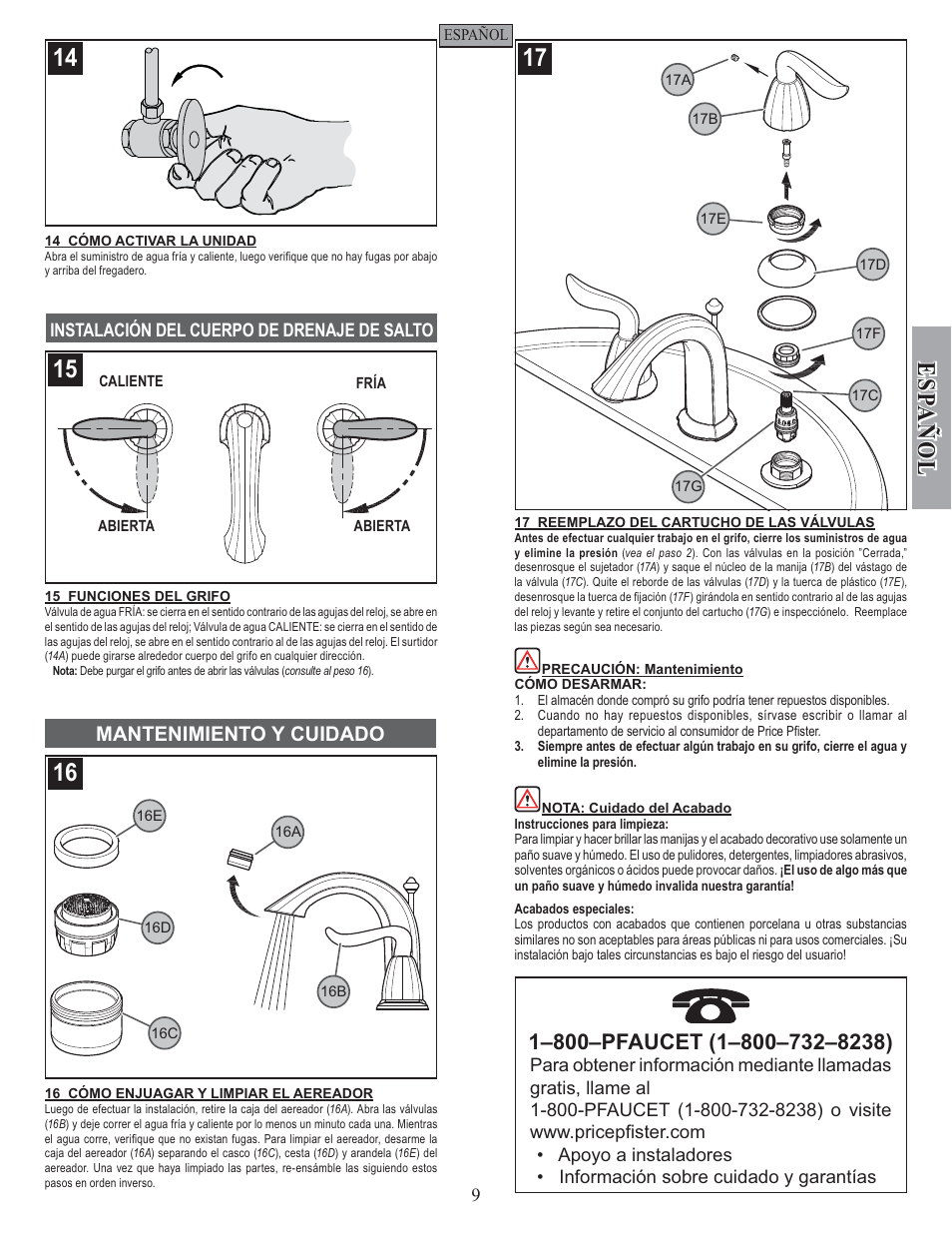 Esp a ñ ol, Mantenimiento y cuidado | Pfister F-049-ST0K User Manual | Page 9 / 14