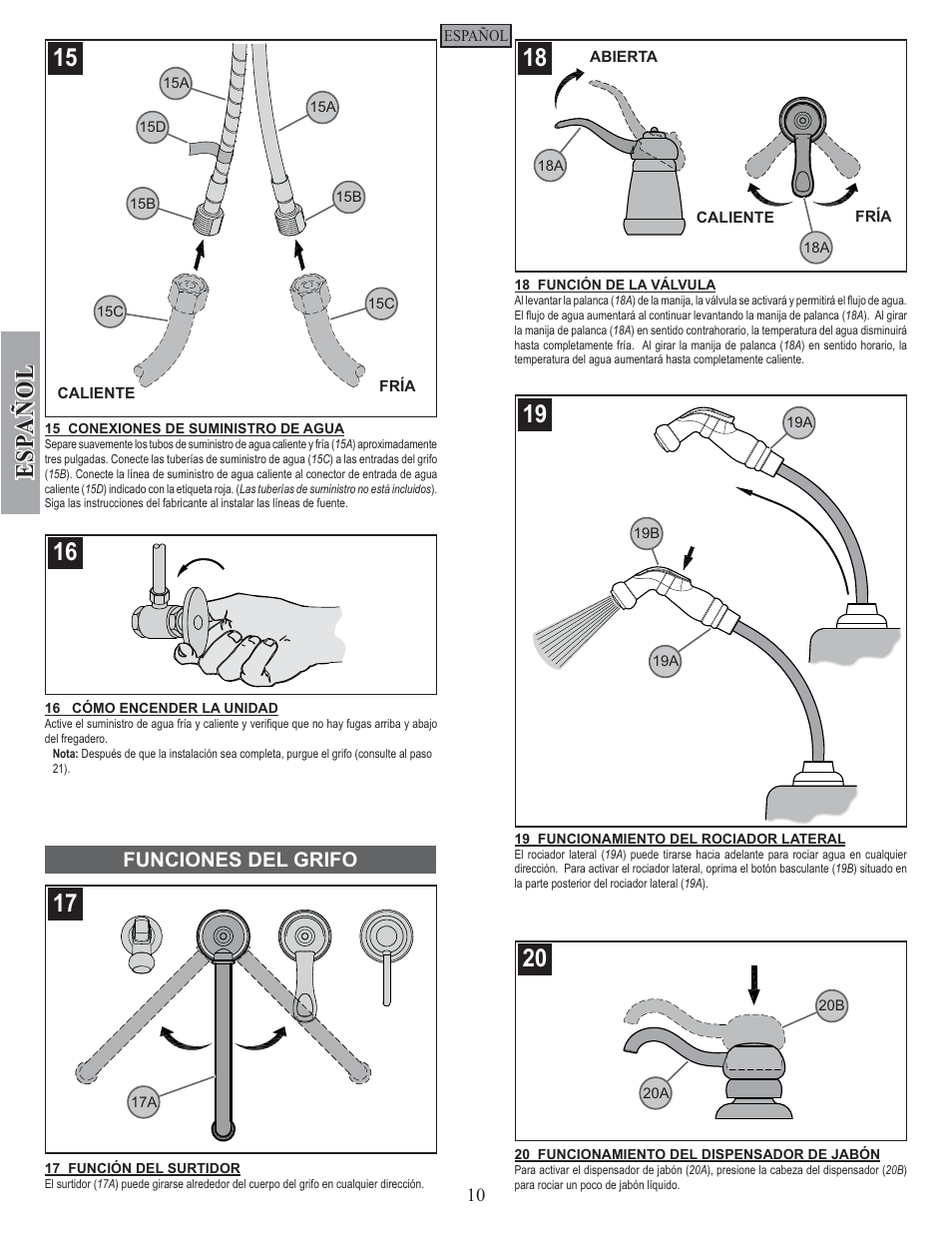 Esp a ñ ol, Funciones del grifo | Pfister GT26-3NSS User Manual | Page 10 / 18