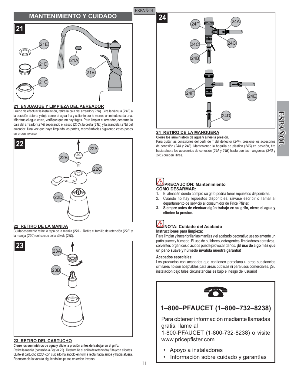 Esp a ñ ol, Mantenimiento y cuidado | Pfister GT26-3NSS User Manual | Page 11 / 18
