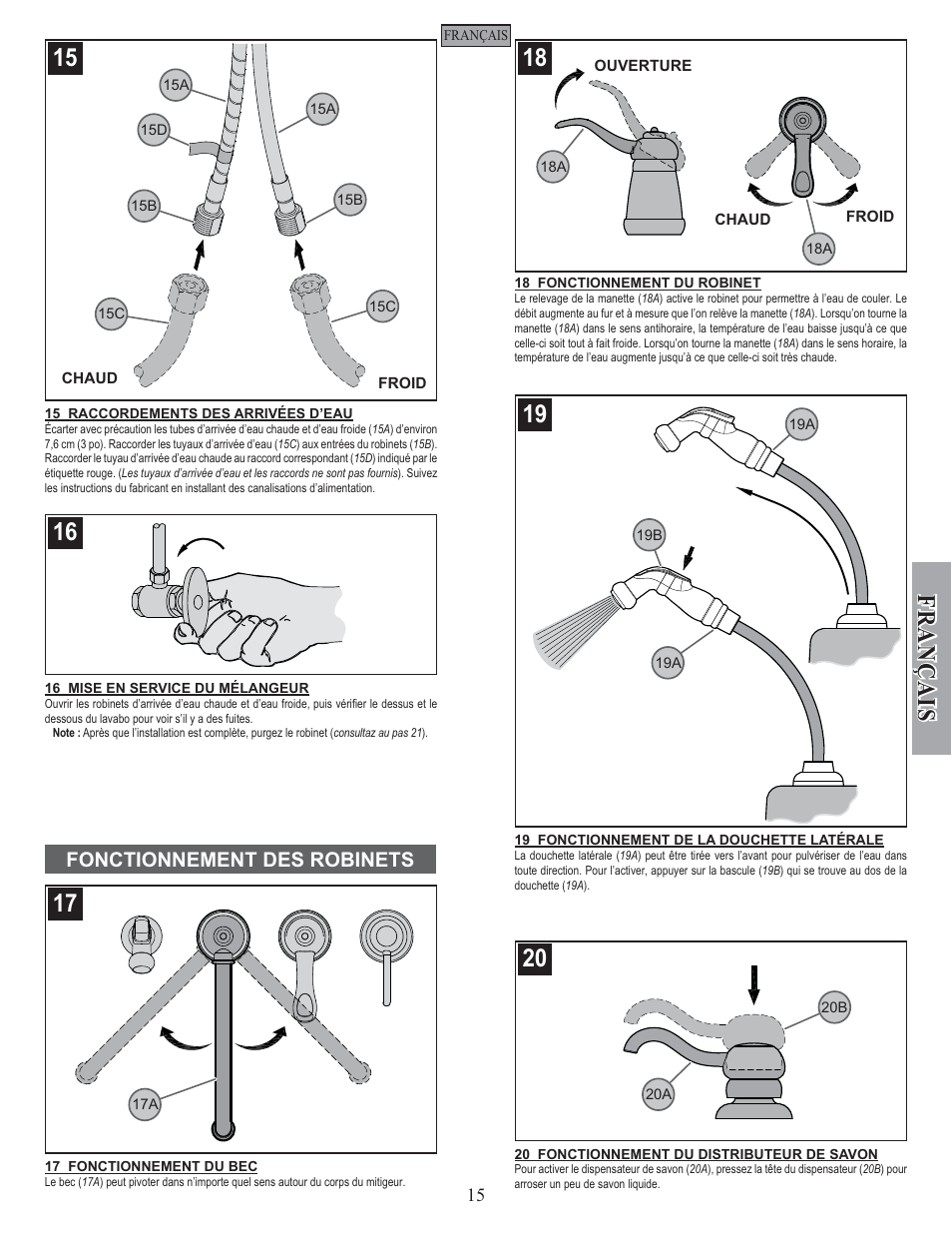 Fran ç ais, Fonctionnement des robinets | Pfister GT26-3NSS User Manual | Page 15 / 18