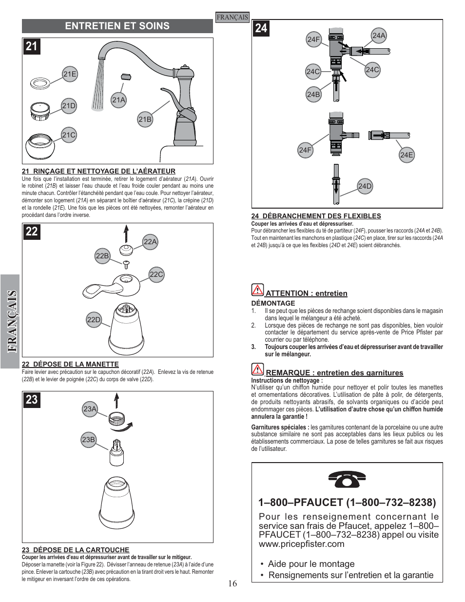 Fran ç ais, Entretien et soins | Pfister GT26-3NSS User Manual | Page 16 / 18