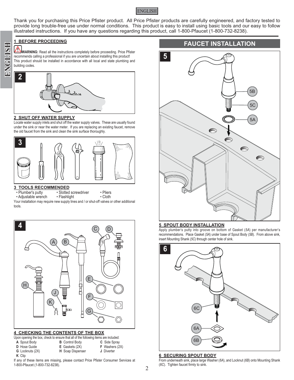 English, Faucet installation | Pfister GT26-3NSS User Manual | Page 2 / 18
