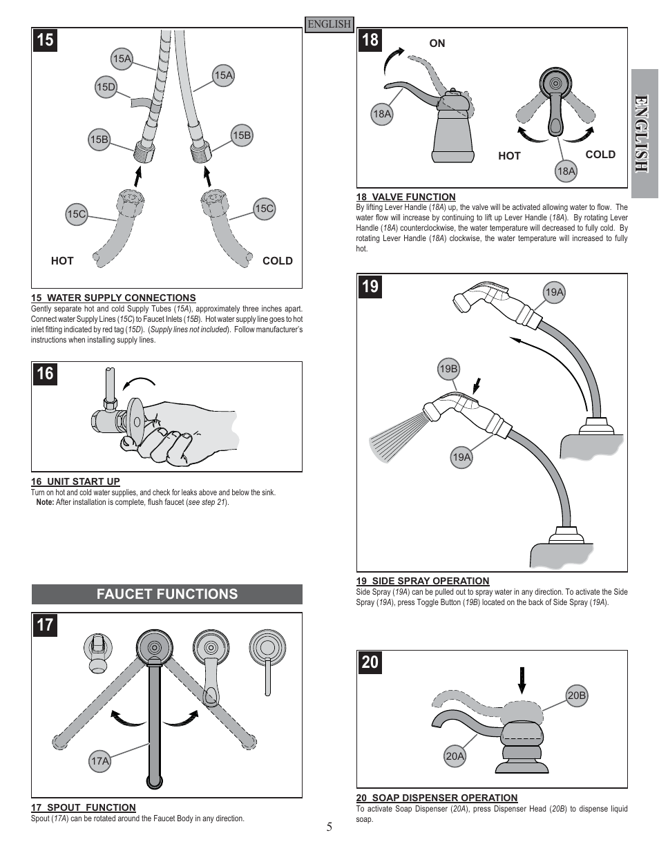 English, Faucet functions | Pfister GT26-3NSS User Manual | Page 5 / 18