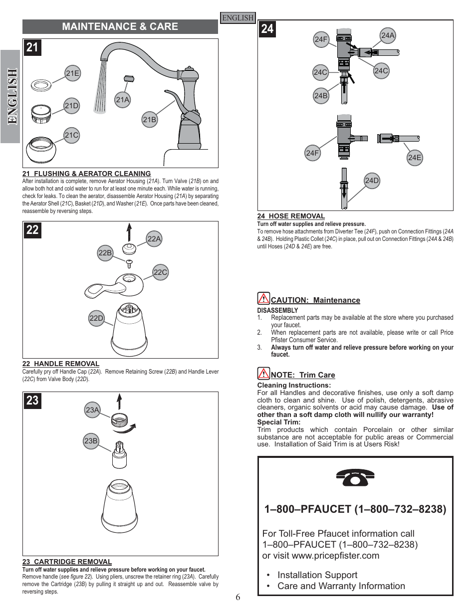 English, Maintenance & care | Pfister GT26-3NSS User Manual | Page 6 / 18