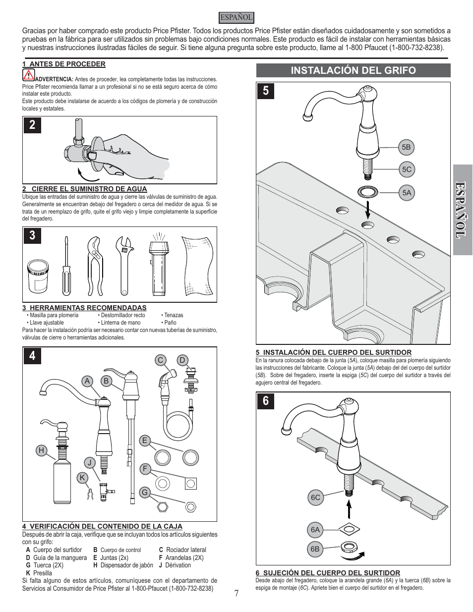 Esp a ñ ol, Instalación del grifo | Pfister GT26-3NSS User Manual | Page 7 / 18