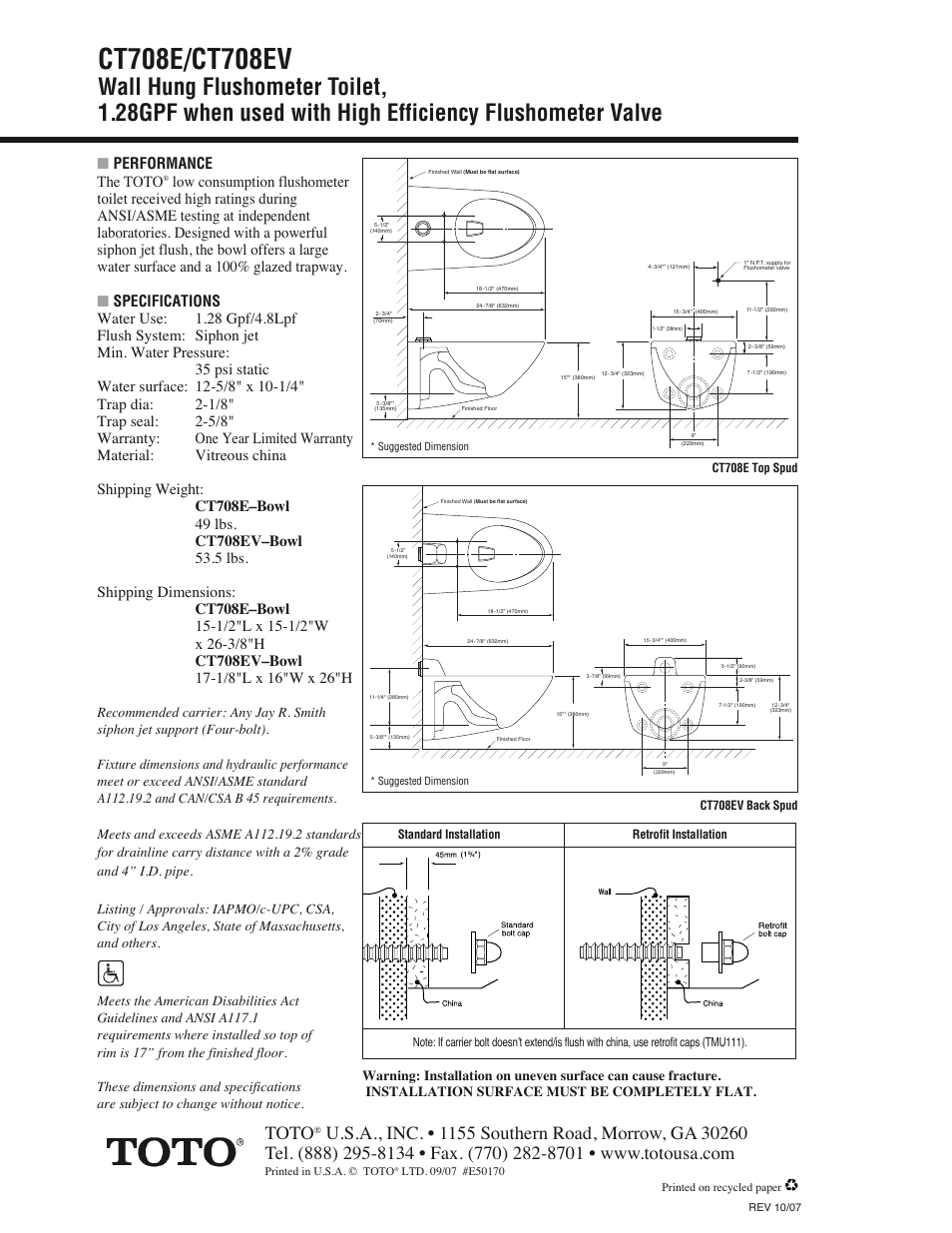Toto, Performance the toto | Factory Direct Hardware Toto CT708E User Manual | Page 2 / 2