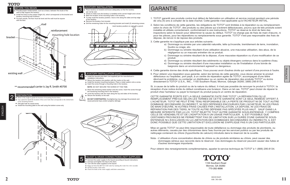 Garantie, English bracket mounting hole location, Existing wall reinforcement stud | Recommended carrier is jay r. smith #0700 | Factory Direct Hardware Toto LT307A#01 User Manual | Page 2 / 6