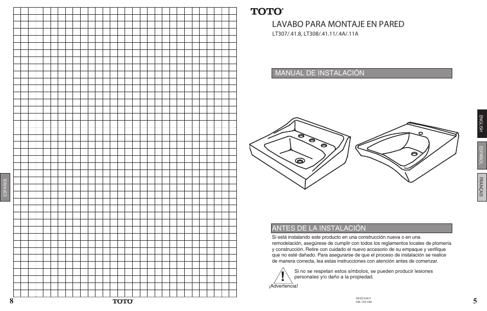 Lavabo para montaje en pared, Manual de instalación antes de la instalación | Factory Direct Hardware Toto LT307A#01 User Manual | Page 5 / 6
