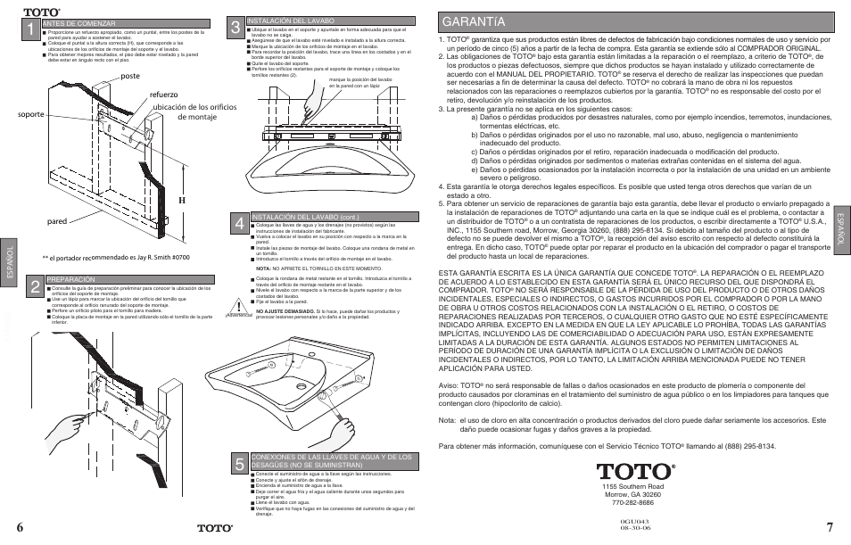 Garantía, Pared refuerzo poste, Español | Factory Direct Hardware Toto LT307A#01 User Manual | Page 6 / 6