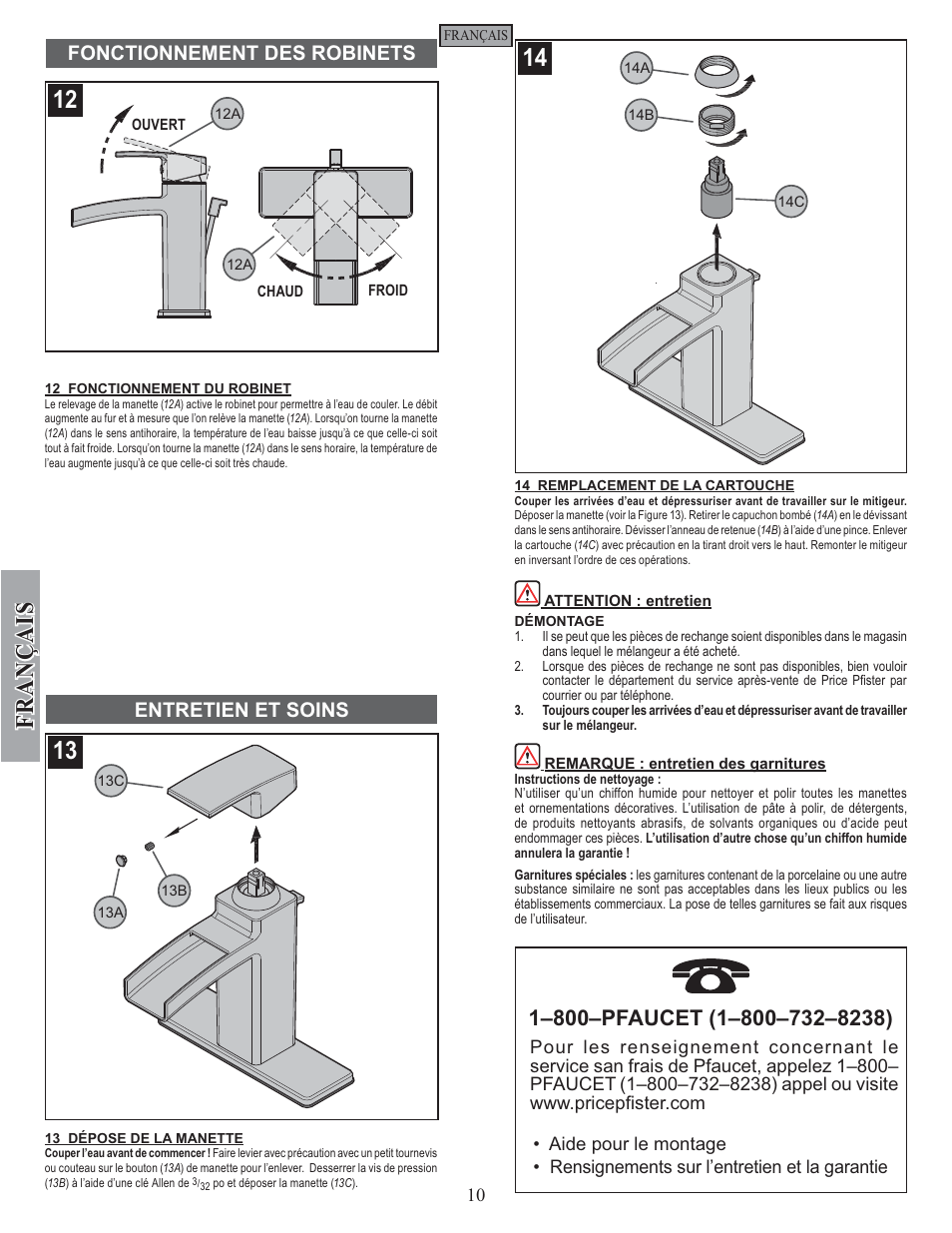 Fran ç ais, Fonctionnement des robinets entretien et soins | Pfister GT42-DF0K User Manual | Page 10 / 12