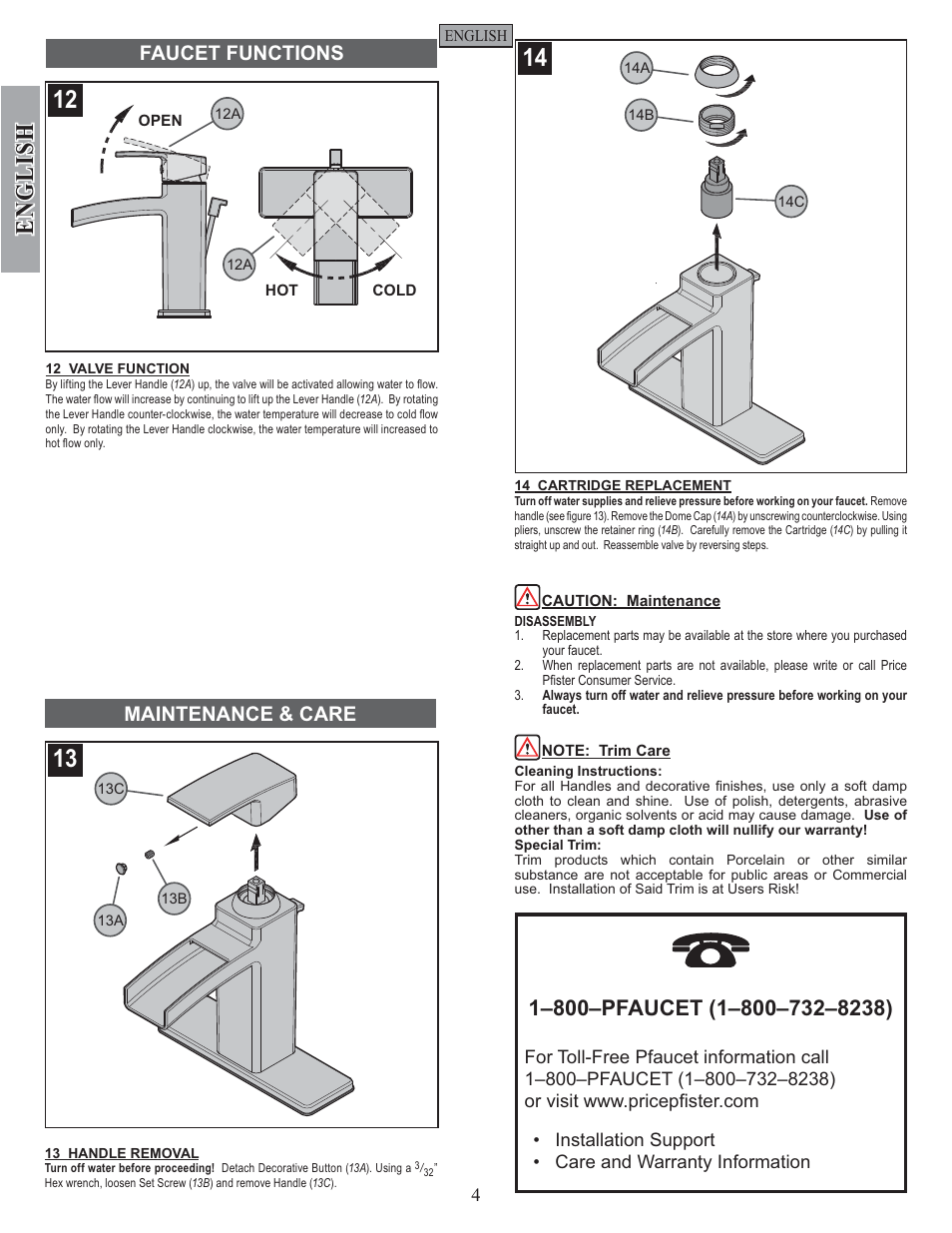 English, Faucet functions maintenance & care | Pfister GT42-DF0K User Manual | Page 4 / 12