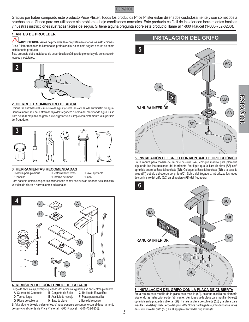 Esp a ñ ol, Instalación del grifo | Pfister GT42-DF0K User Manual | Page 5 / 12