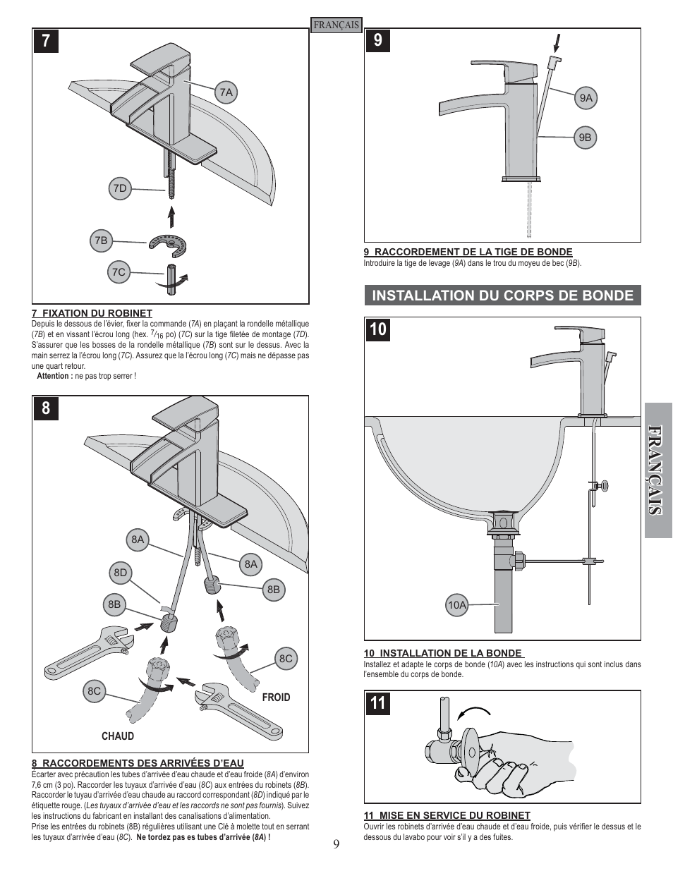 Fran ç ais, Installation du corps de bonde | Pfister GT42-DF0K User Manual | Page 9 / 12