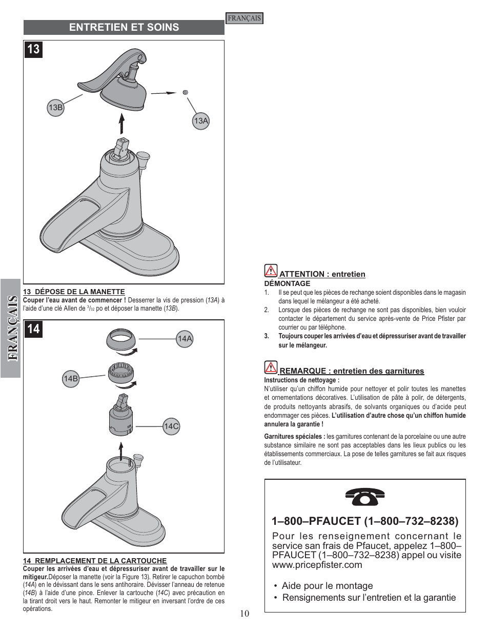 Fran ç ais, Entretien et soins | Pfister GT42-YP0K User Manual | Page 10 / 12