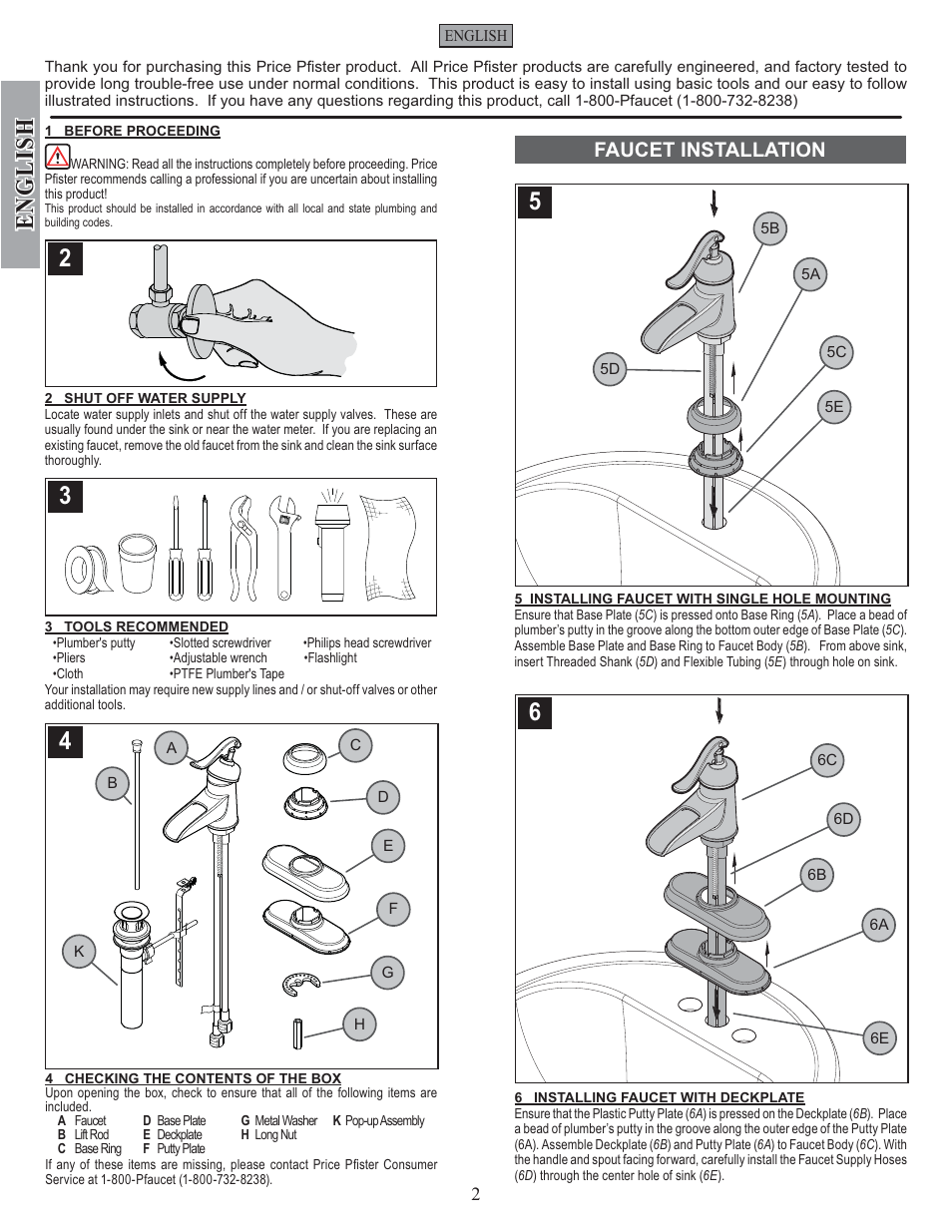 English, Faucet installation | Pfister GT42-YP0K User Manual | Page 2 / 12