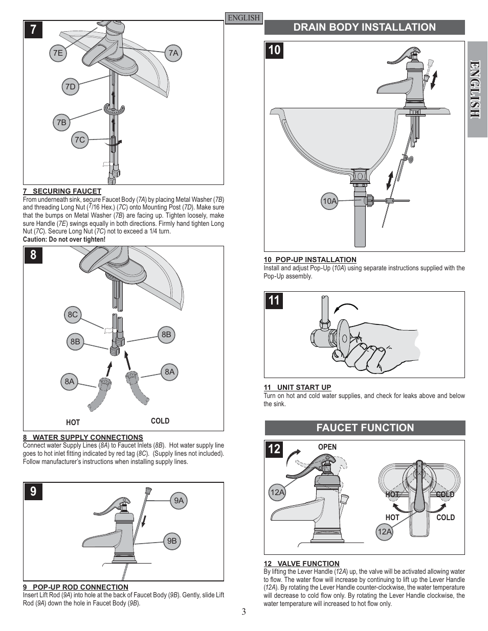 English, Drain body installation faucet function | Pfister GT42-YP0K User Manual | Page 3 / 12