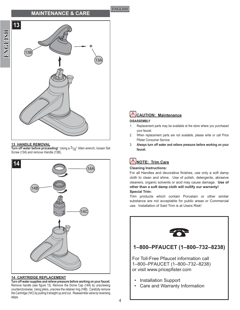 English, Maintenance & care | Pfister GT42-YP0K User Manual | Page 4 / 12
