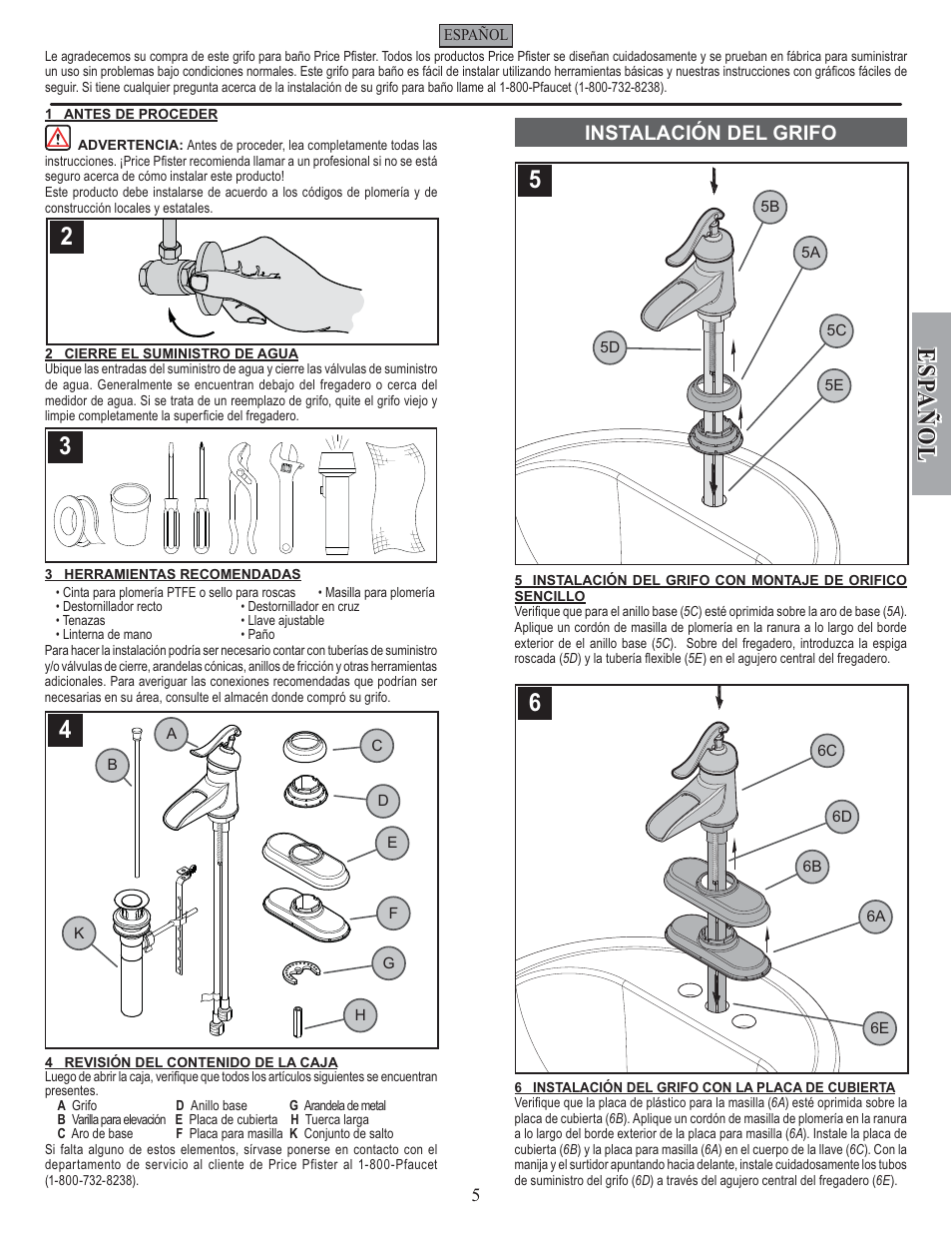 Esp a ñ ol, Instalación del grifo | Pfister GT42-YP0K User Manual | Page 5 / 12