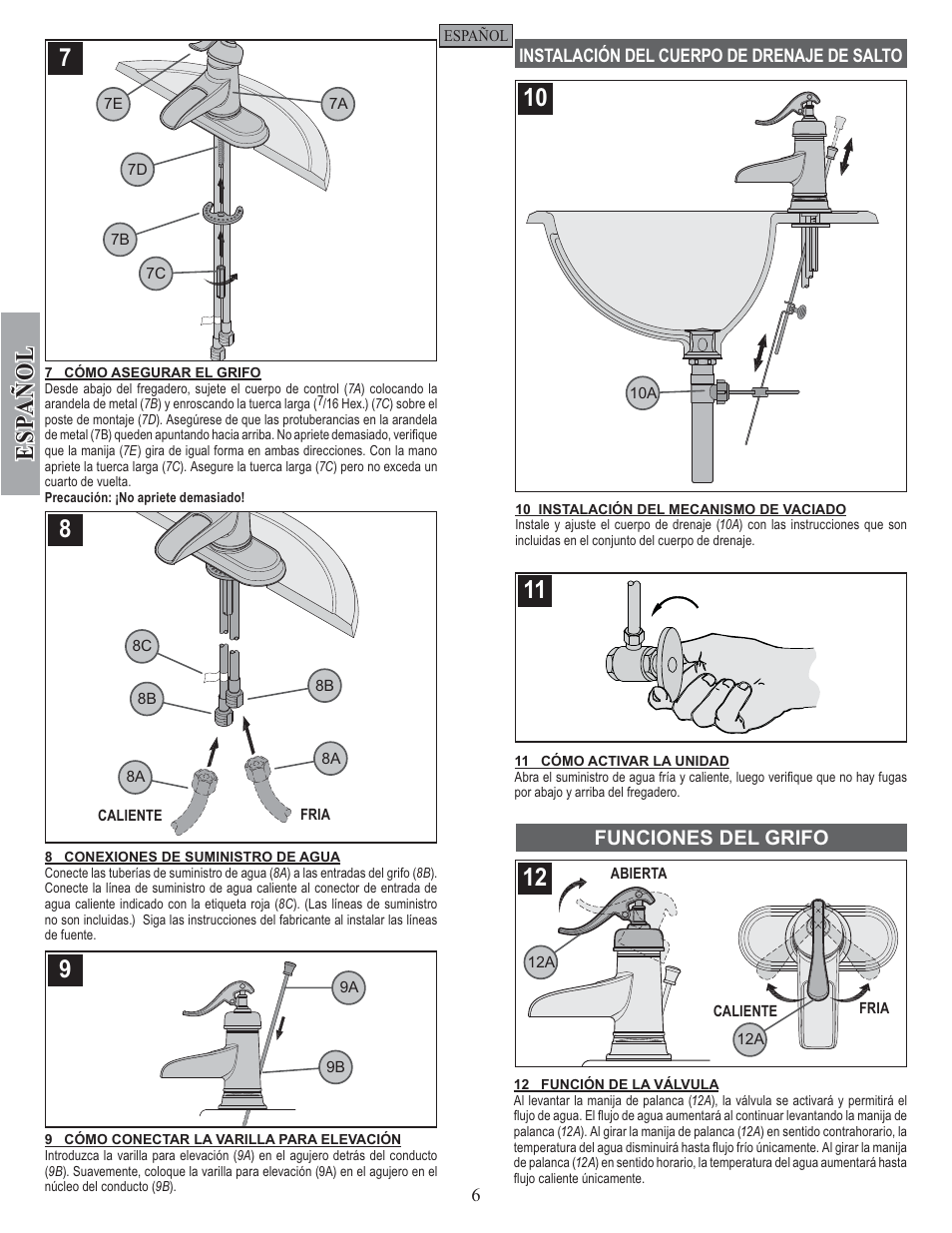 Esp a ñ ol, Drain body installation funciones del grifo | Pfister GT42-YP0K User Manual | Page 6 / 12