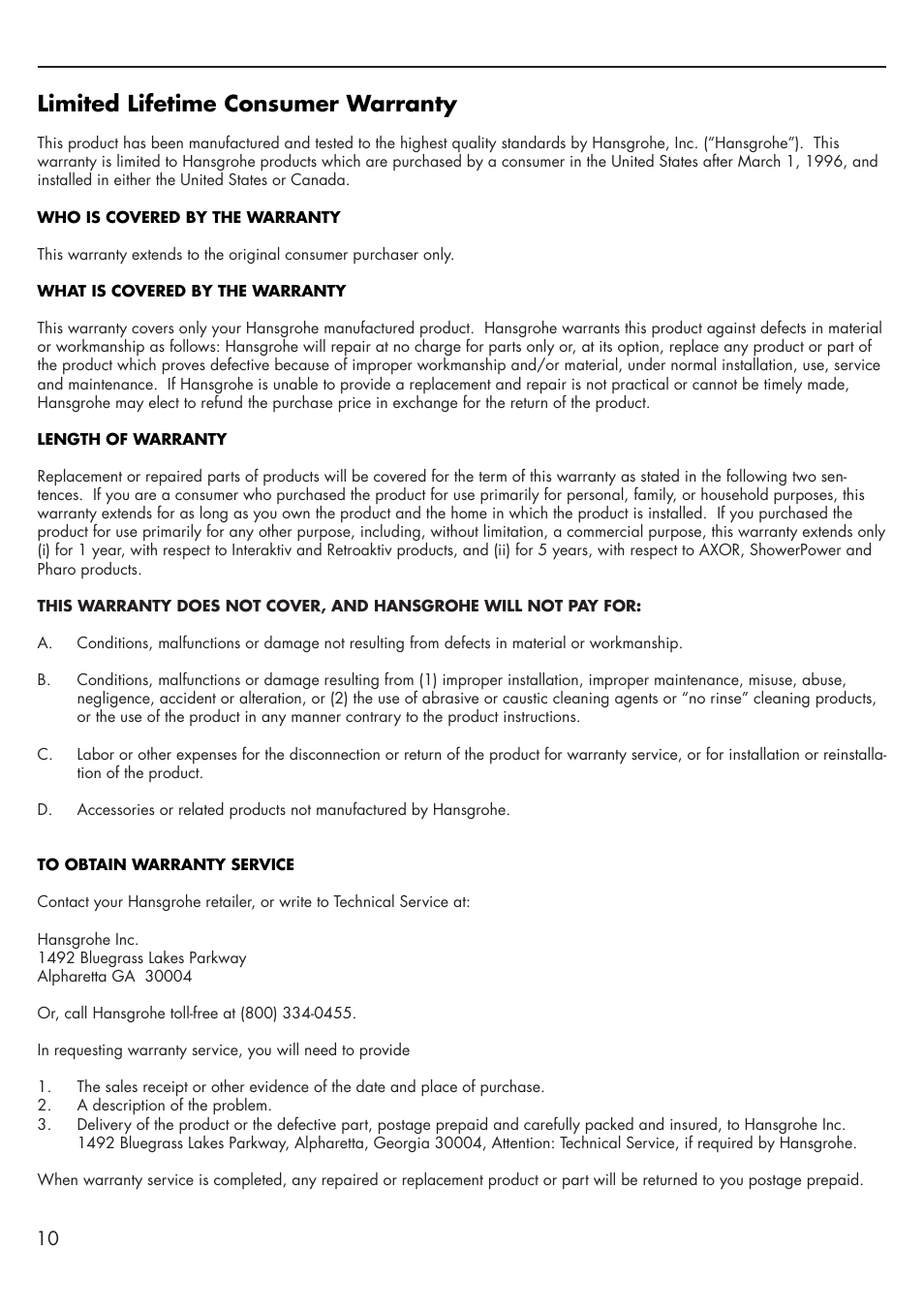 Limited lifetime consumer warranty | Factory Direct Hardware Hansgrohe 27410001 Raindance User Manual | Page 10 / 12