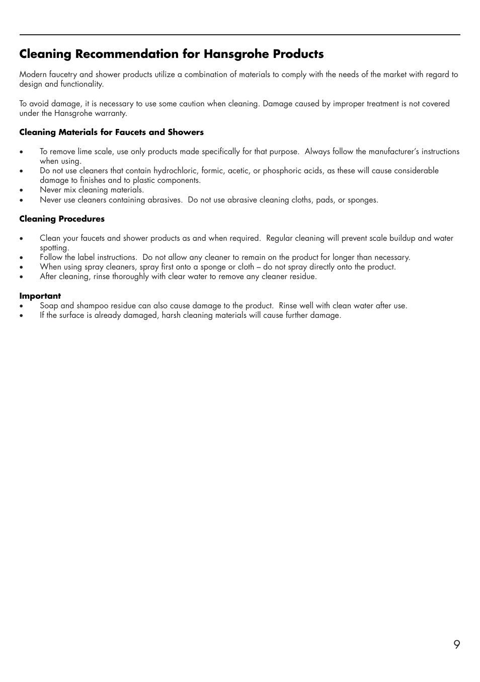 Cleaning recommendation for hansgrohe products | Factory Direct Hardware Hansgrohe 27410001 Raindance User Manual | Page 9 / 12