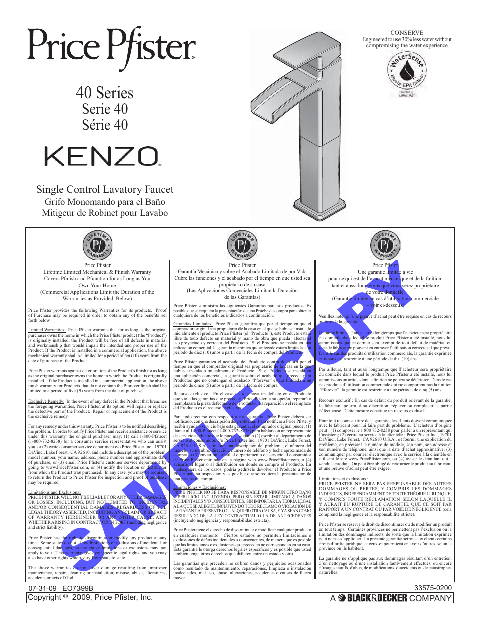 Pfister GT40-DF0K User Manual | 12 pages