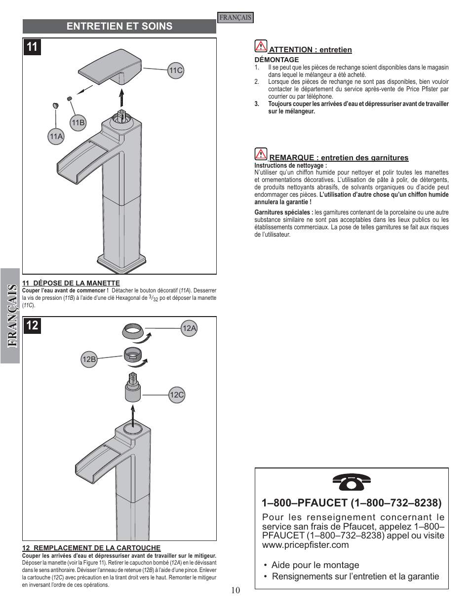 Fran ç ais, Entretien et soins | Pfister GT40-DF0K User Manual | Page 10 / 12