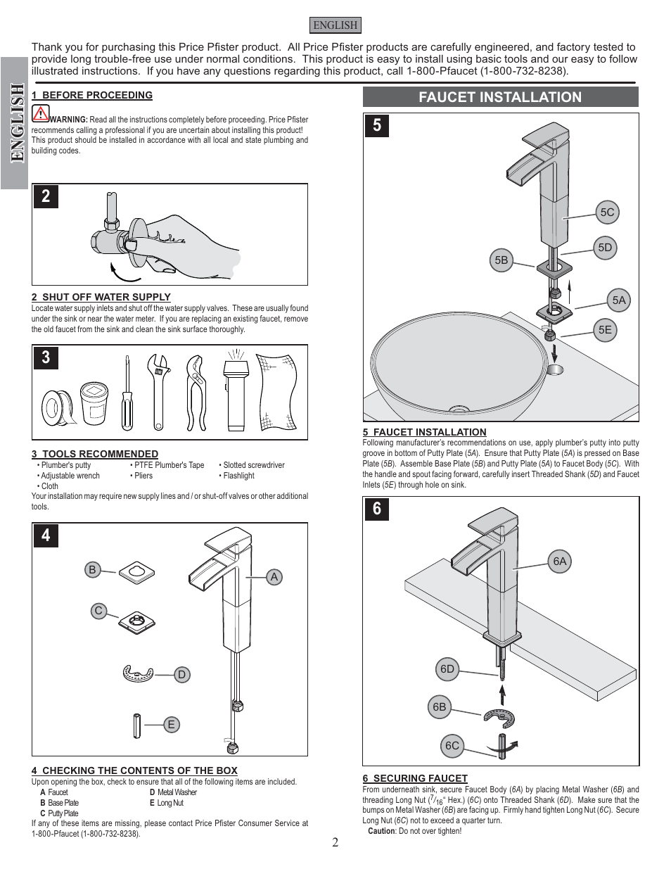 English, Faucet installation | Pfister GT40-DF0K User Manual | Page 2 / 12