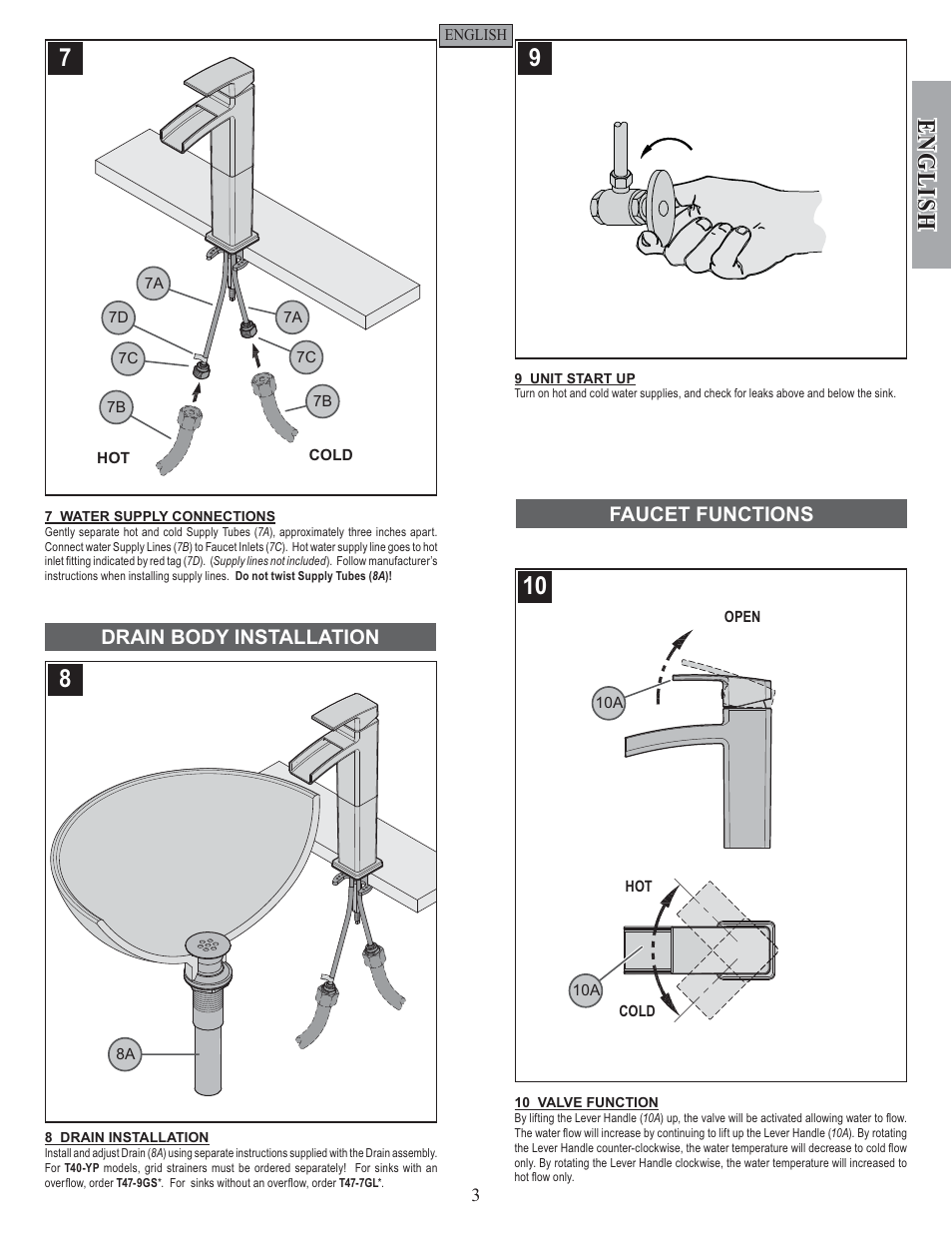 English, Faucet functions drain body installation | Pfister GT40-DF0K User Manual | Page 3 / 12