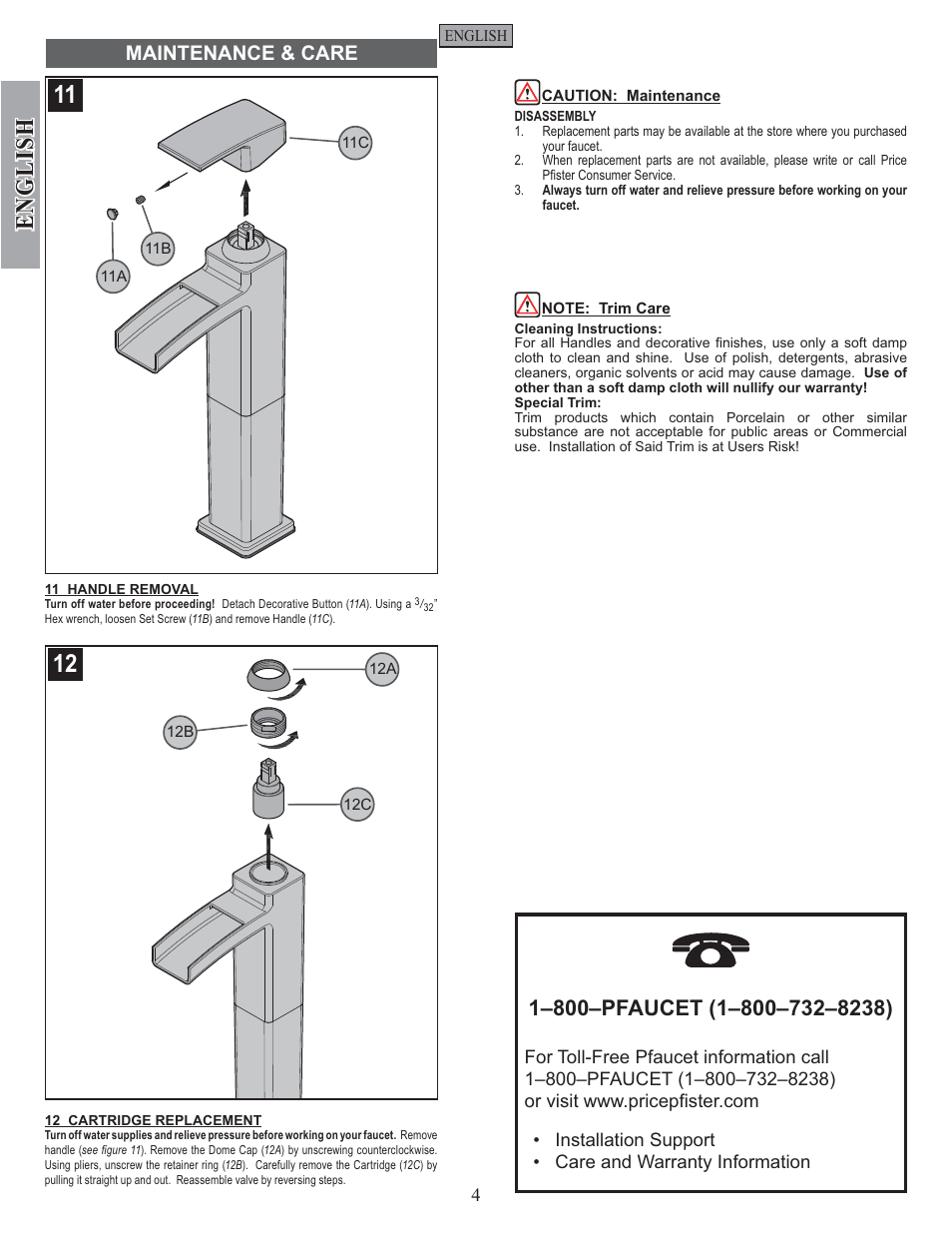 English, Maintenance & care | Pfister GT40-DF0K User Manual | Page 4 / 12