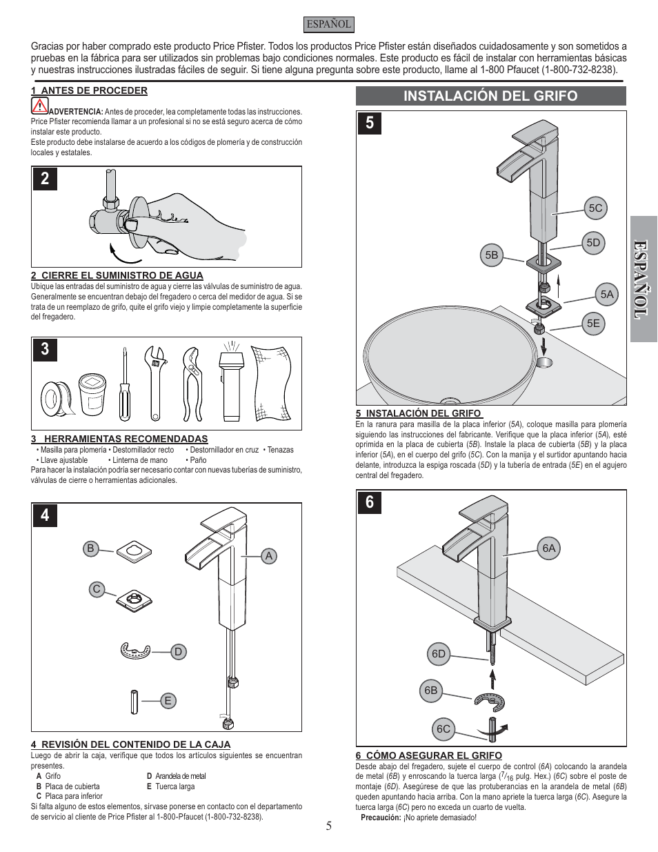 Esp a ñ ol, Instalación del grifo | Pfister GT40-DF0K User Manual | Page 5 / 12