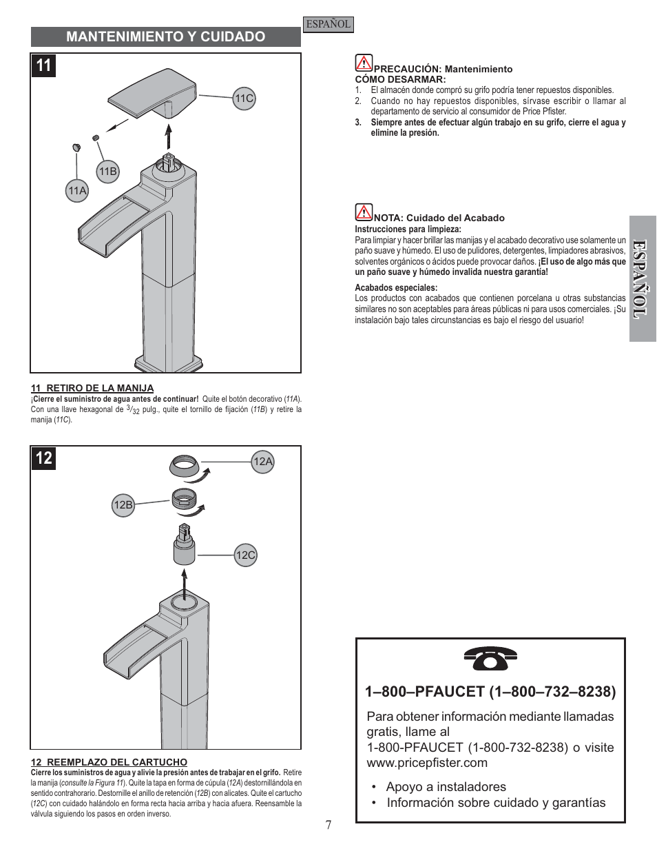 Esp a ñ ol, Mantenimiento y cuidado | Pfister GT40-DF0K User Manual | Page 7 / 12