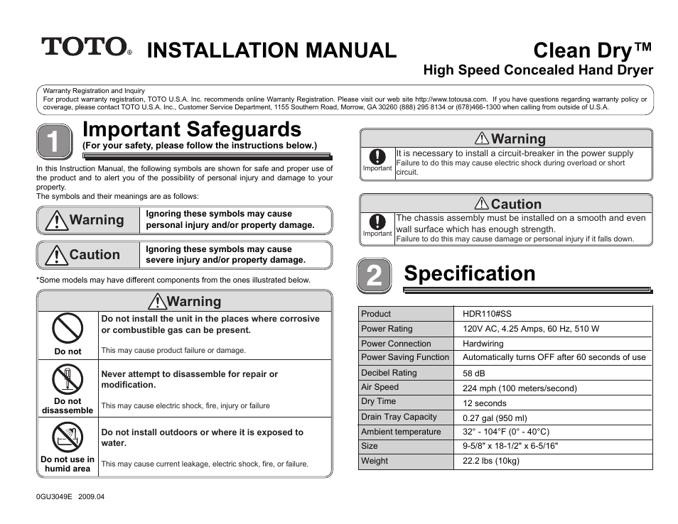 Factory Direct Hardware Toto HDR110#SS Clean Dry User Manual | 6 pages